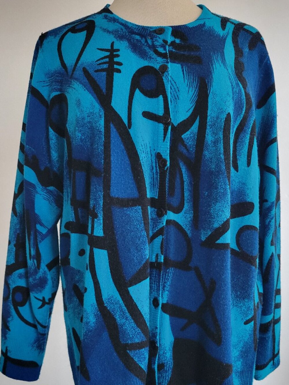 BOSS Women's Abstract Blue & Black Knit Cardigan | Statement Sweater | M